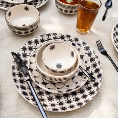 Shatranj Black and White Printed Dinner Set of 36 pcs