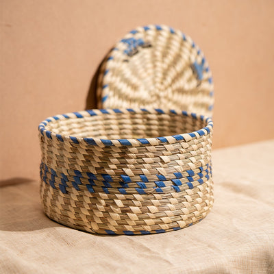 Bunaee Sabai Circular Blue and Beige Handcrafted Container