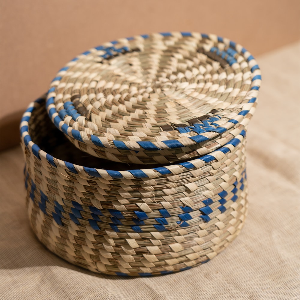 Bunaee Sabai Circular Blue and Beige Handcrafted Container