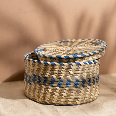 Bunaee Sabai Circular Blue and Beige Handcrafted Container