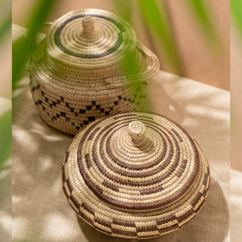 Bunaee Sabai Handcrafted Beige & Black Sabai Grass Multipurpose Container Set of 2