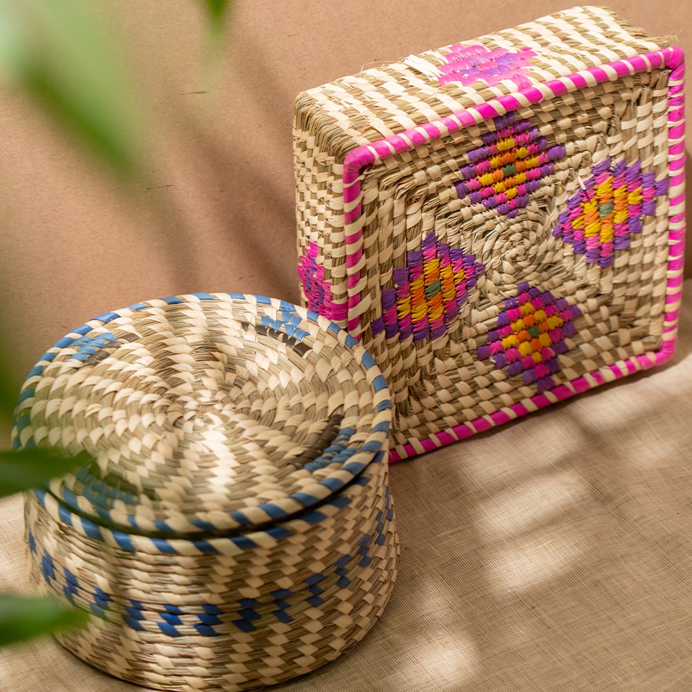 Bunaee Handcrafted Colourful Sabai Grass Multipurpose Storage Box Set of 2