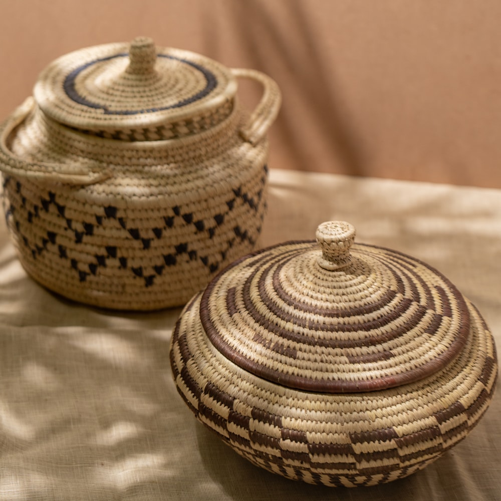 Bunaee Sabai Handcrafted Beige & Black Sabai Grass Multipurpose Container Set of 2