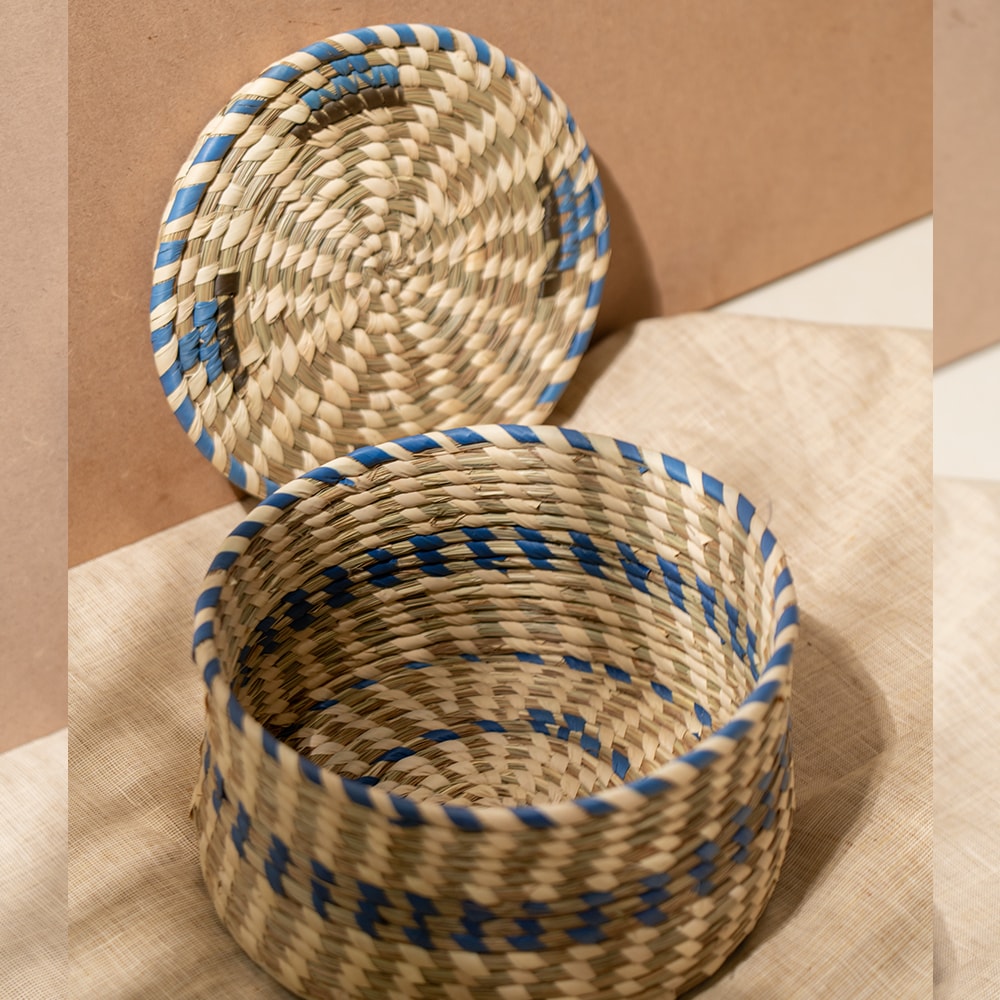 Bunaee Sabai Circular Blue and Beige Handcrafted Container