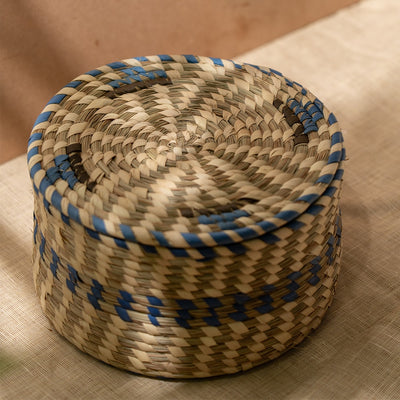 Bunaee Sabai Circular Blue and Beige Handcrafted Container