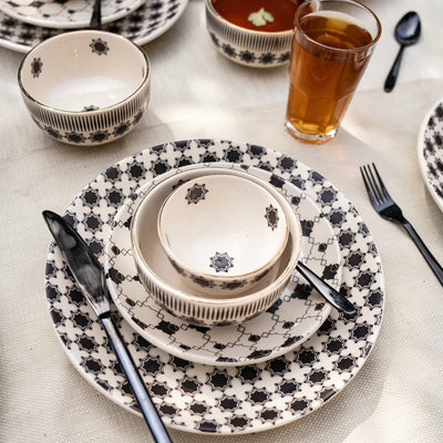 Shatranj Black and White Printed Dinner Set of 36 pcs