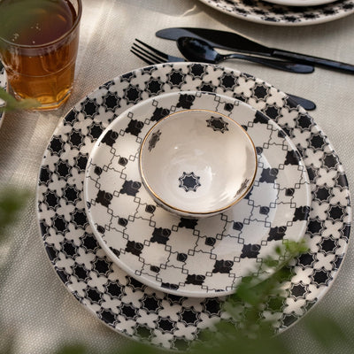 Shatranj Black and White Printed Dinner Set of 12 pcs